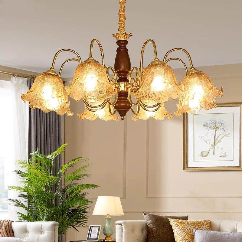 中古客厅吊灯复古卧室书房美式胡桃木花朵客厅别墅餐厅玻璃吊灯