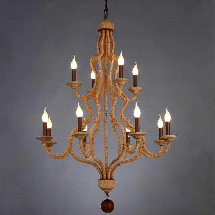 美式复古做旧乡村风麻绳吊灯木艺雕刻创意客厅双层复式楼装饰灯饰