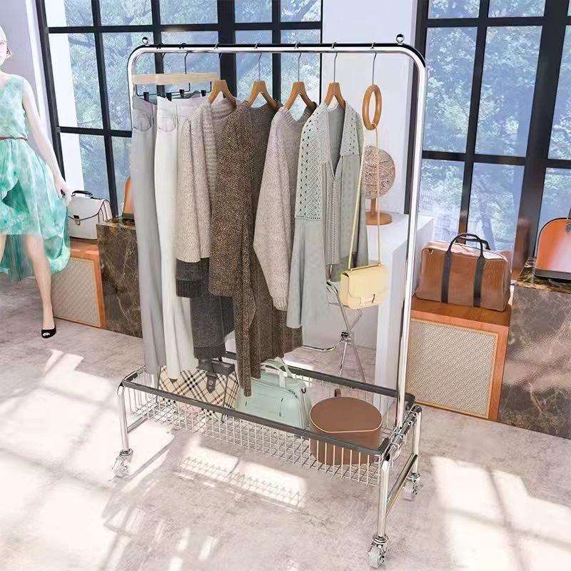 不锈钢落地衣架挂衣架移动多功能收纳架子服装店红卧室带篮置物架