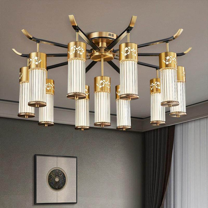 新中式吊灯全铜高端客厅灯大气灯罩朝下别墅6头餐厅饭厅吸顶吊灯