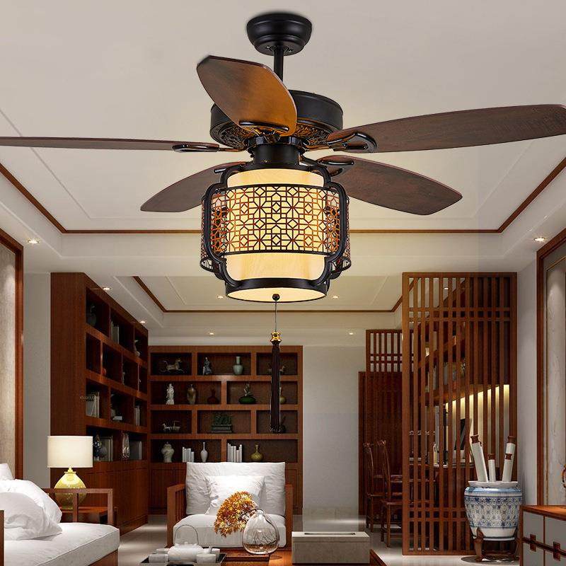 新中式吊扇灯仿古风扇吊灯餐厅客厅家用电风扇灯带灯木叶遥控静音