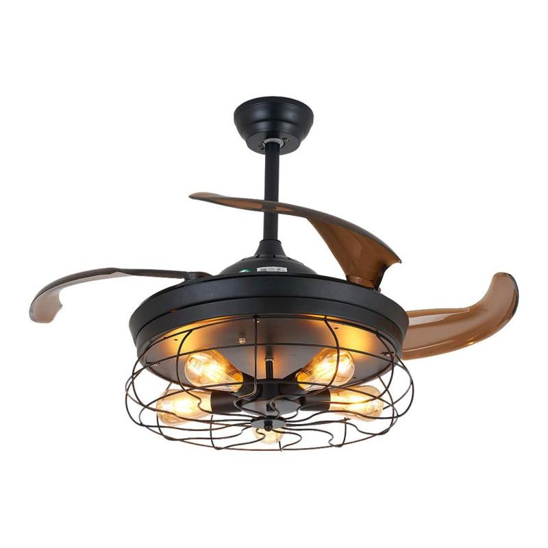 42寸工业风黑色吊扇灯铁艺灯罩遥控伸缩扇叶风扇灯复古吸顶灯