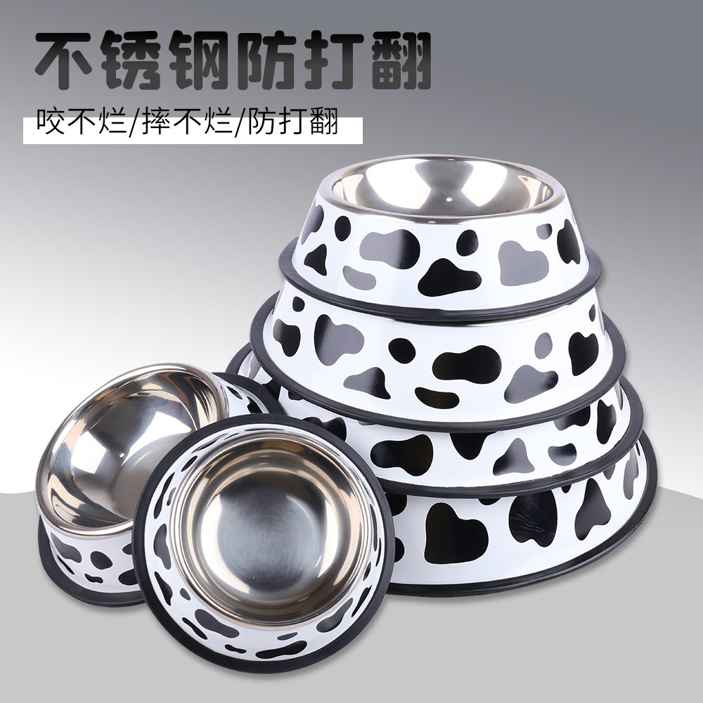 直供加厚防滑底不锈钢狗碗 单碗奶牛印刷猫狗碗宠物食盆