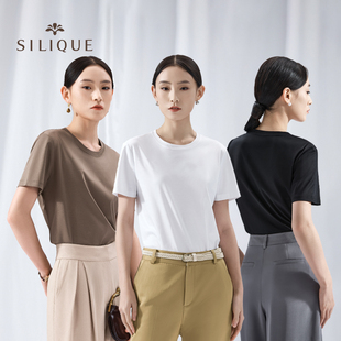 白t美拉德T恤衫 SILIQUE2024夏季 新款 女桑蚕丝上衣真丝棉冰丝短袖