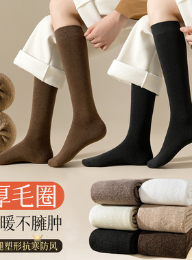 厚袜子女小腿袜秋冬季加绒加厚款毛圈袜保暖长筒袜冬天纯棉过膝袜