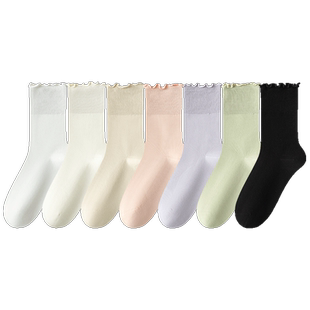 堆堆袜子女中筒袜夏季薄款木耳花边甜美长袜纯棉无骨月子袜春秋款