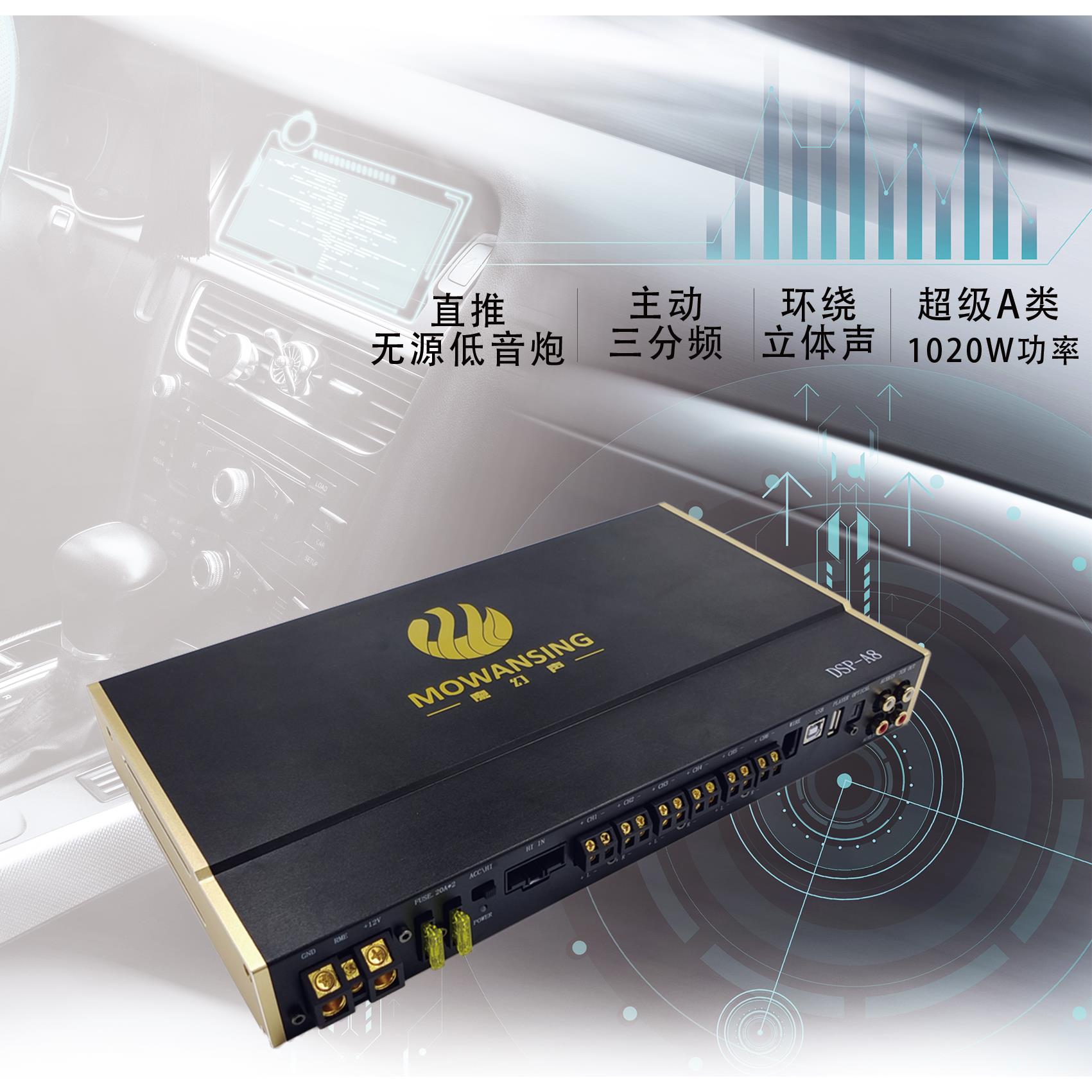 纯A级甲类主动8路主动三分频31路dsp汽车功放无损安装音响改装