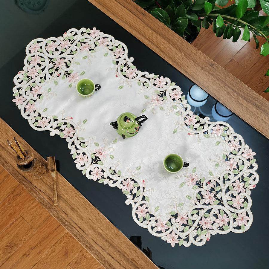 中式欧式布艺绣花粉色百合桌布茶几巾国潮桌旗桌垫镂空盖巾茶几旗,居家布艺,桌布,淘宝优惠券,粉丝福利购,淘宝优惠卷