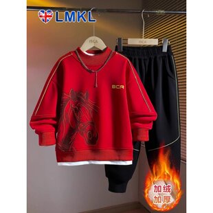 英国LMKL男童套装2026新款本命年喜庆加绒加厚冬季季卫衣裤两件套