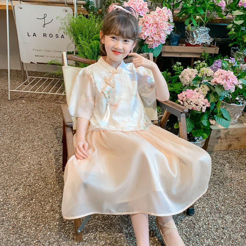 女童刺绣汉服套裙夏装中大童薄款古装中国风儿童连衣裙N\L