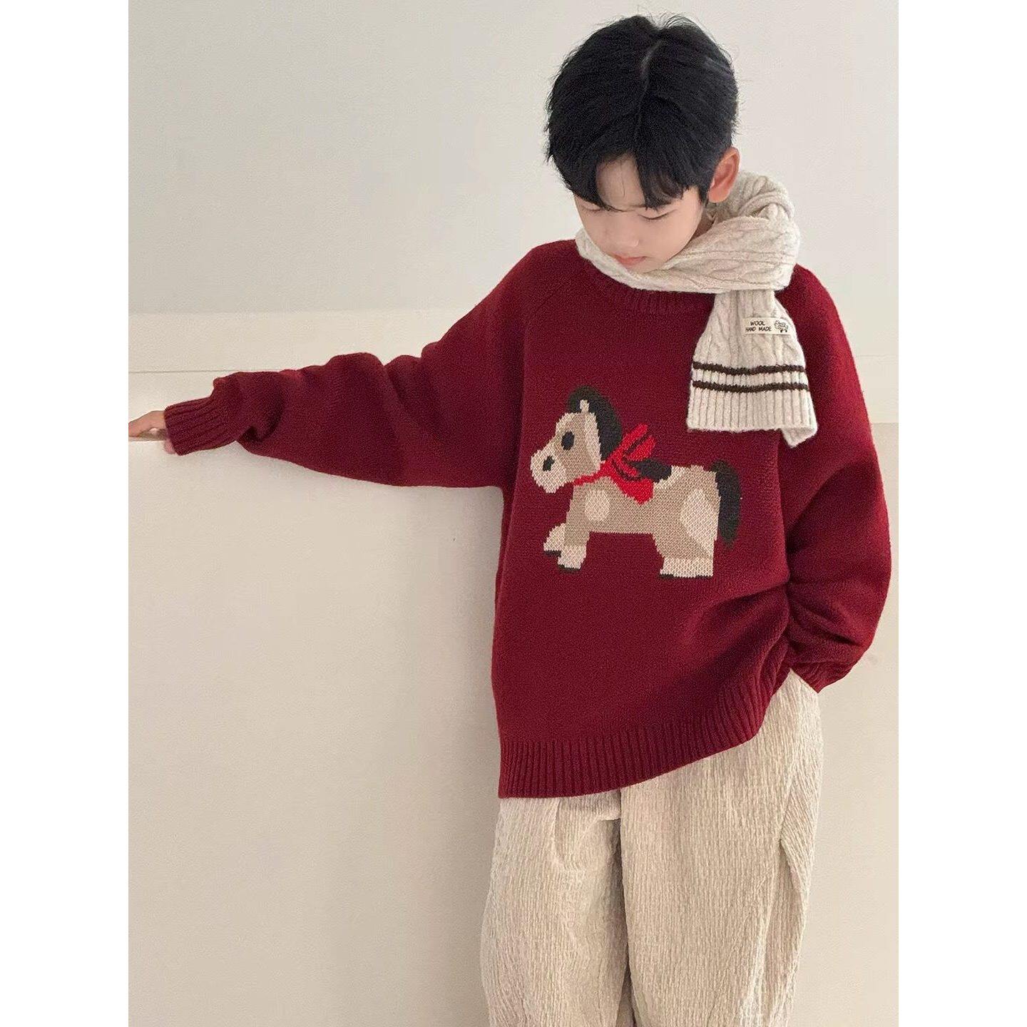 法国BADNUT男童红色毛衣儿童加厚线衣2026秋冬季新款针织衫中大童