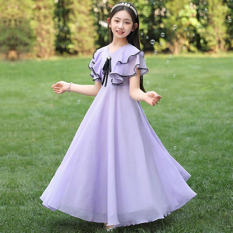 AGLFLIN女童连衣裙2026新款女大童紫色裙子夏天小女孩洋气公主裙