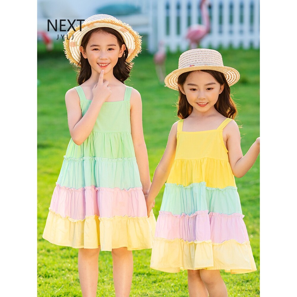 英国netx jylj女童连衣裙夏季纯棉裙子儿童度假吊带裙拼接沙滩裙