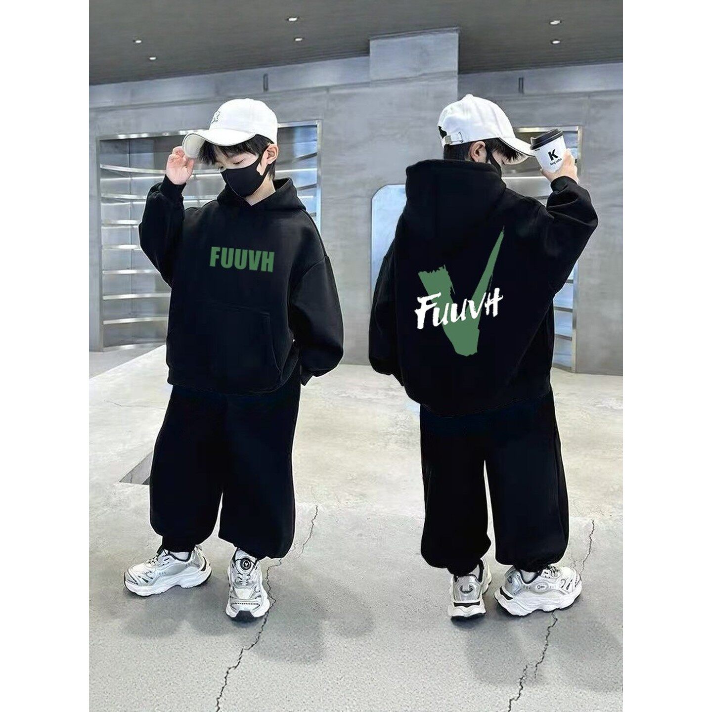 法国BADNUT男童连帽卫衣套装秋冬季加绒上衣中大童休闲运动两件套