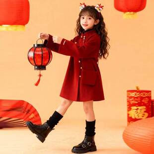 英国Nextrtxr女童新年红色呢子大衣秋冬中国风毛呢外套儿童拜年服