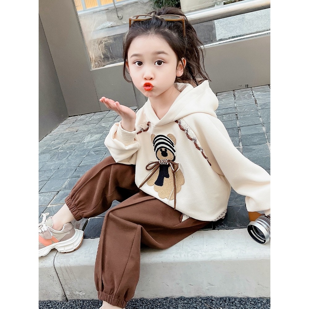 netx name女童贴布熊连帽卫衣套装两件套2024年新款春秋装小女孩