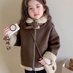 英国NextRtxr女童皮毛一体外套加绒儿童皮衣冬季加厚洋气宝宝夹克