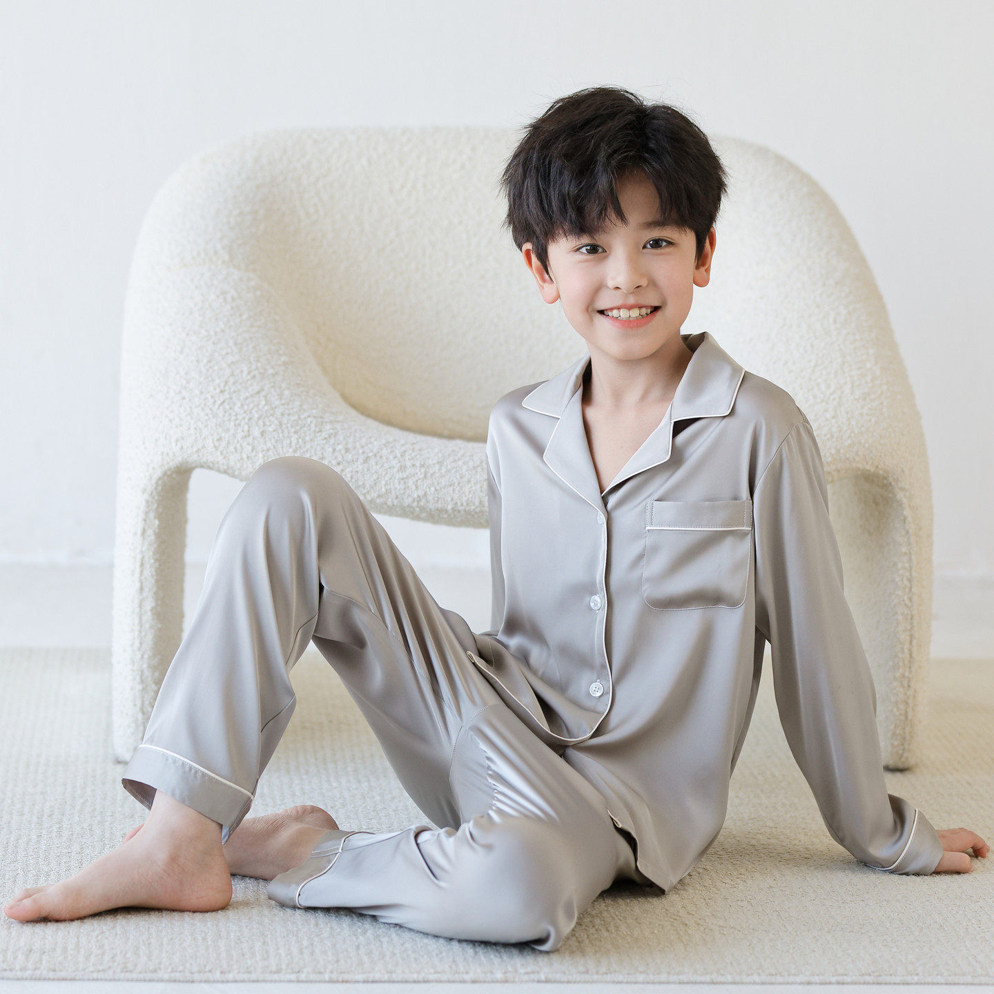 桑蚕丝男童睡衣春秋儿童薄款长袖大童男孩青少年真丝家居服套装夏