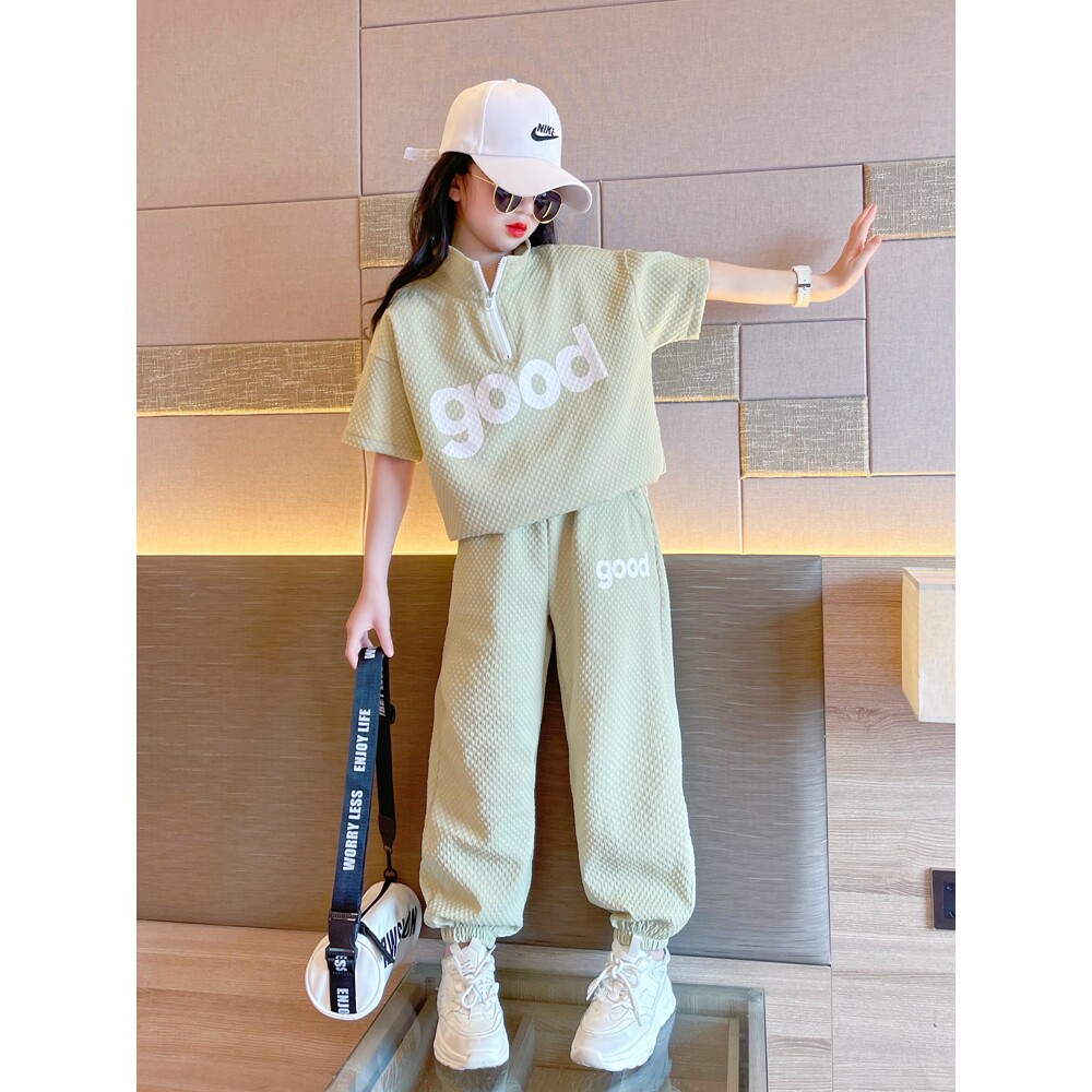 英国netx Kiss女童套装夏款洋气韩版休闲运动短袖大童女孩两件套