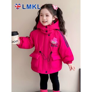 英国LMKL女童红色冲锋衣外套冬2026新款儿童加绒加厚派克服拜年服