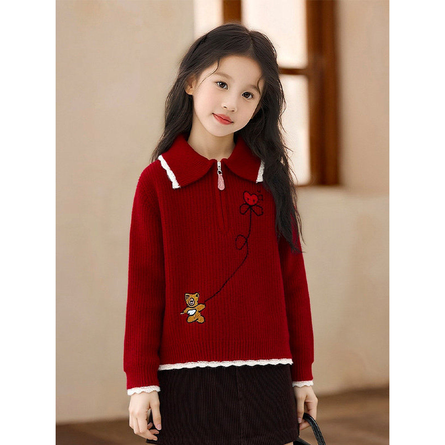 法国BADNUT女童保暖毛衣2026冬季新款儿童polo领红色新年加厚上衣