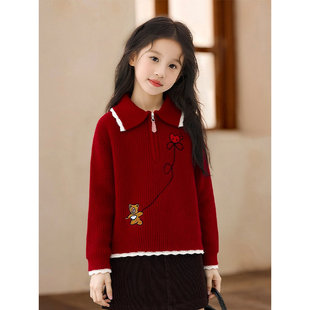 法国BADNUT女童保暖毛衣2026冬季新款儿童polo领红色新年加厚上衣