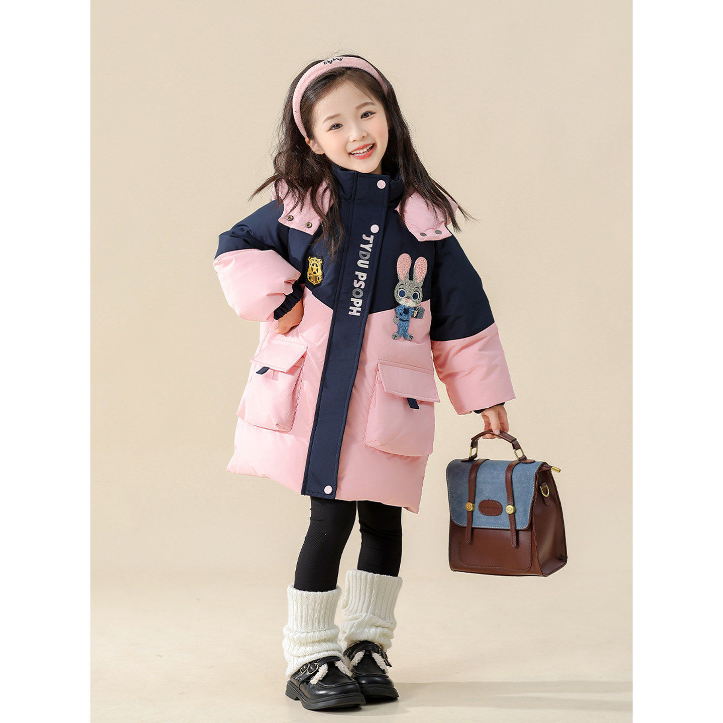 英国DHWA女童羽绒服冬季中长款儿童兔子警官白鸭绒外套保暖冬装