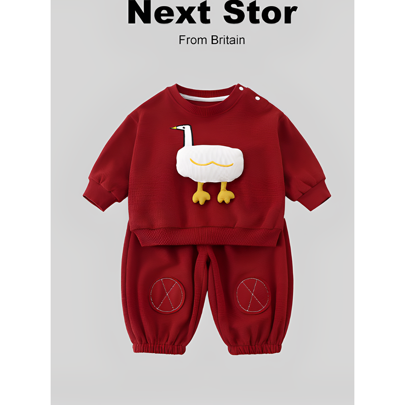 英国netx Stor 童装中国红套装秋季新款男宝宝周岁上衣裤子两件套
