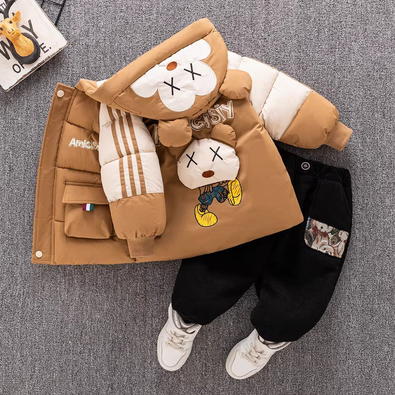 英国DHWA男童羽绒棉服冬装加绒加厚棉衣外套儿童宝宝冬季棉袄套装