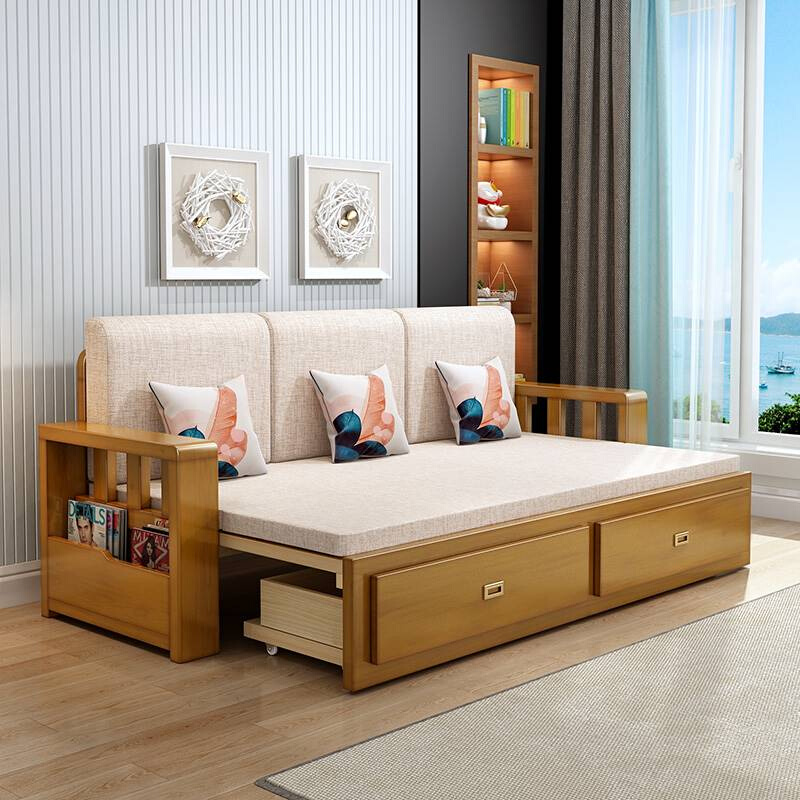 新品实木沙发床全实木可储物伸缩坐卧客厅多功能折叠沙发床两用小-封面