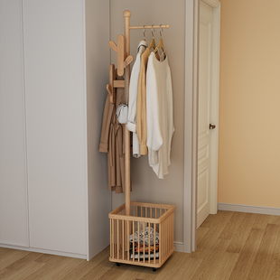 希音实木衣架落地衣帽架卧室可移动家用脏衣篓置物架床头柜挂衣架