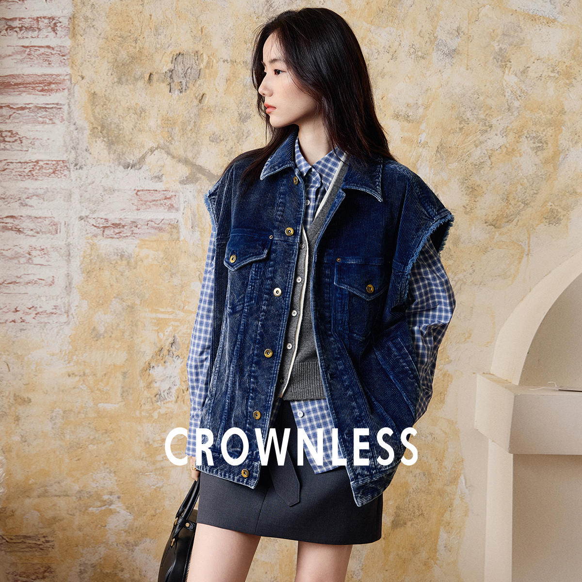 复古砂洗棉弹灯芯绒牛仔马甲