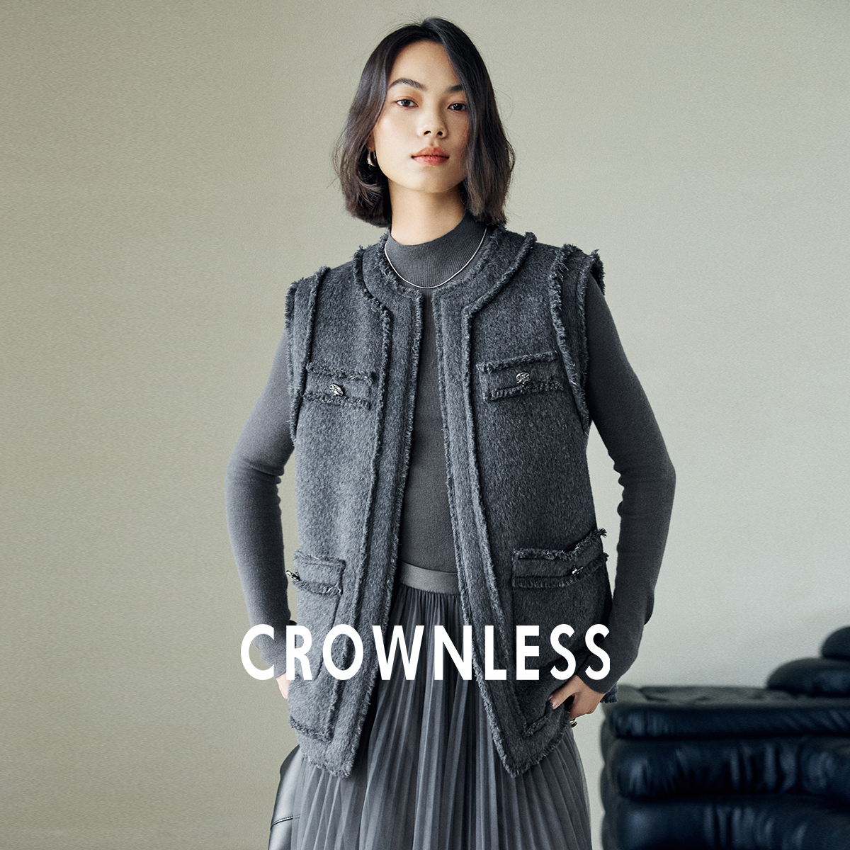 羊驼毛流苏圆领毛呢马甲外套