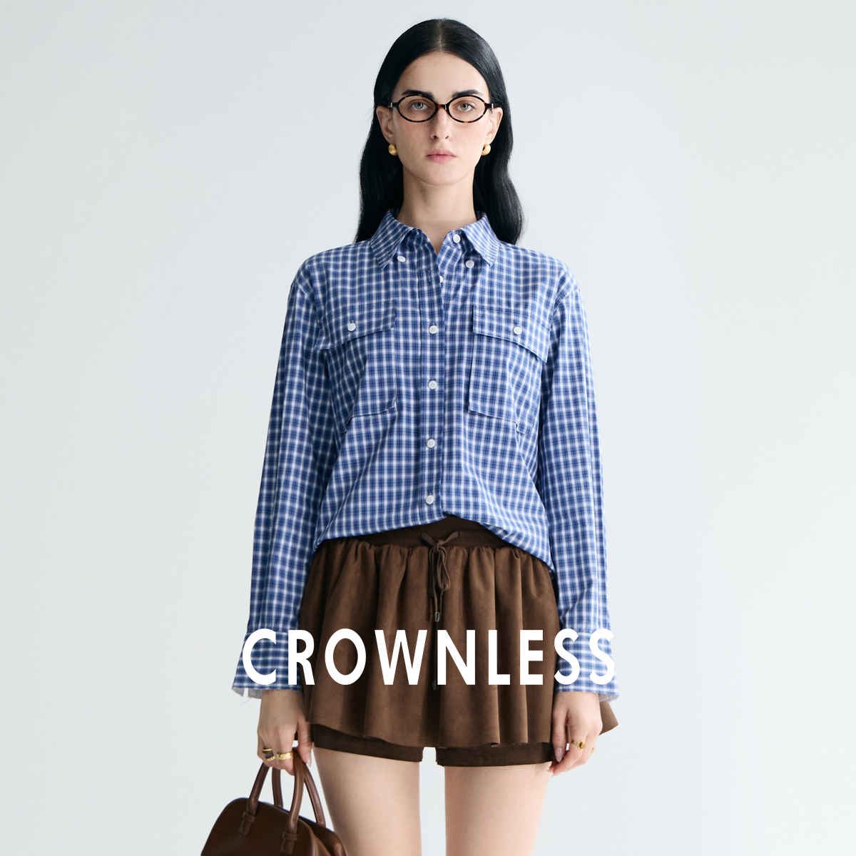 蓝白复古格纹衬衫女长袖