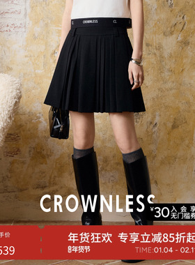 CROWNLESS未冕学院风精纺莫代尔羊毛假两件双层腰短款半身百褶裙