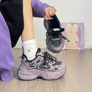 回力加绒加厚老爹鞋女冬季新款厚底轻便百搭学生二棉鞋紫色跑步鞋