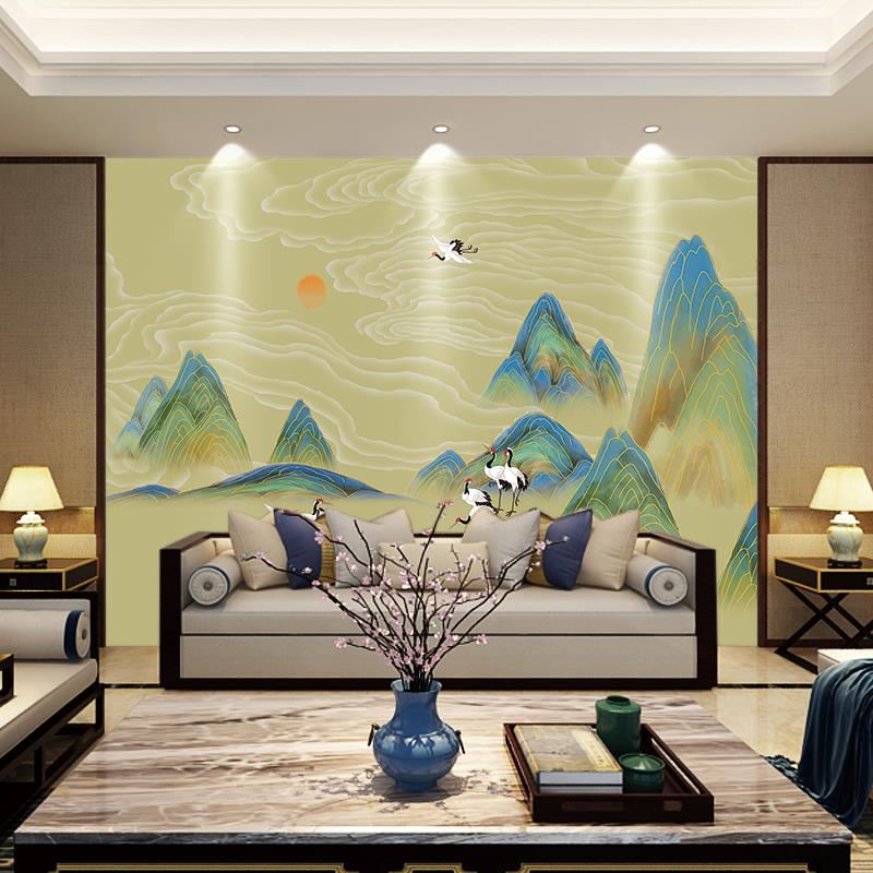 现代中式千里江山壁画客厅沙发卧室床头山水壁纸墙布背景墙画布24