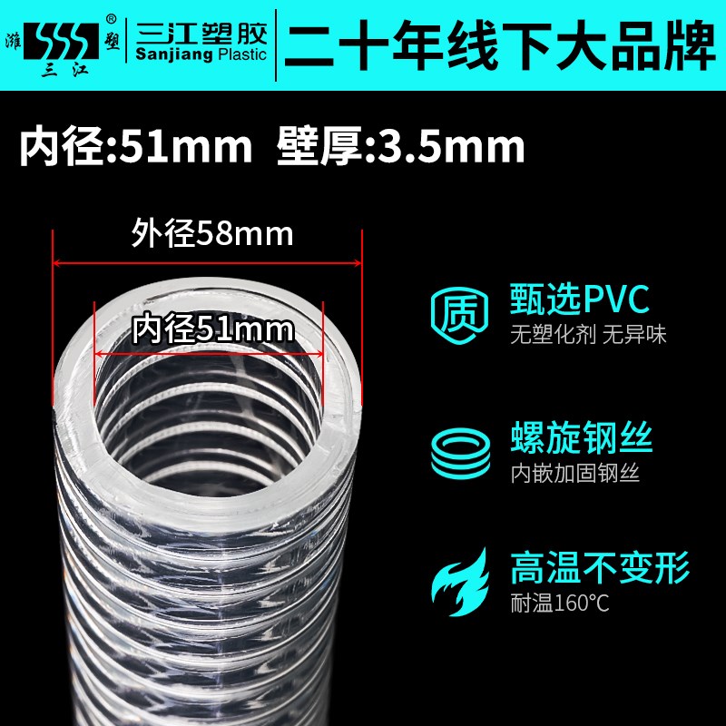 三江塑胶耐高温PVC钢丝软管160度高压软管吸料管真空管耐磨塑料管图片
