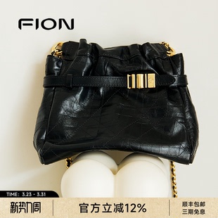 Fion 菲安妮音符水桶包女真牛皮垃圾袋流浪袋大容量单肩斜挎包包