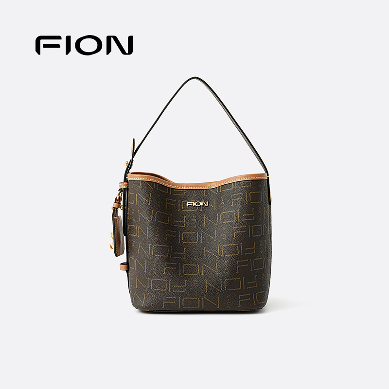 Fion/菲安妮包包女式2025新款小众老花通勤单肩斜挎包手提水桶包