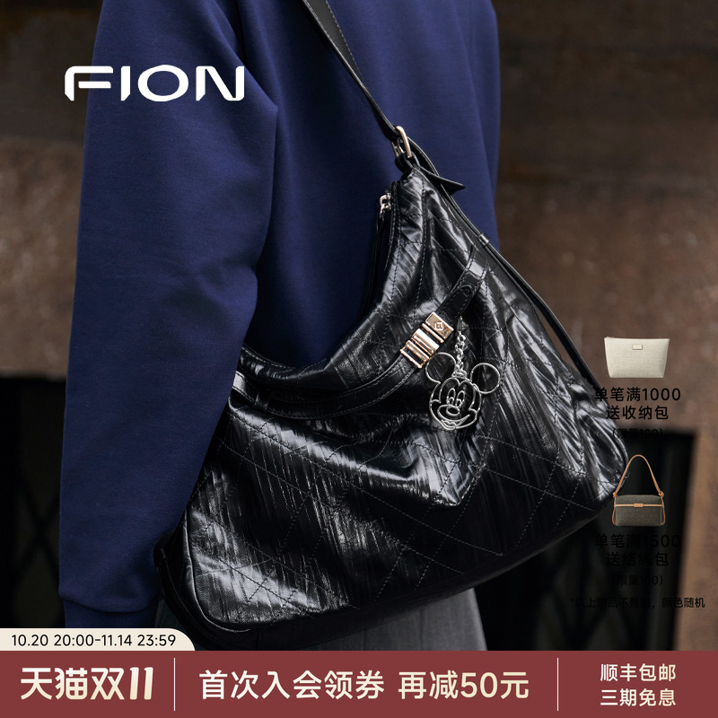 Fion/菲安妮迪士尼米奇合作音符托特包真皮大容量女通勤斜挎包包