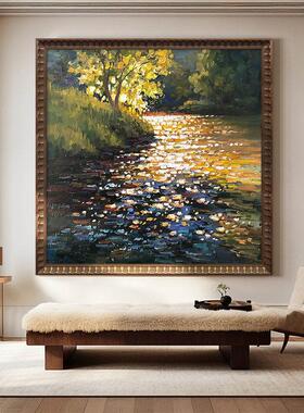 复古肌理感湖面似金客厅装饰画中古风挂画级感山水餐厅玄关壁画