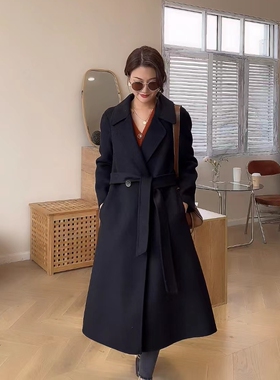 春秋新款双面羊绒大衣女中长款韩系高级感毛呢修身外套黑色