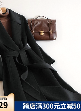 新款韩版双面羊绒大衣女中长款春季韩系毛呢外套黑色