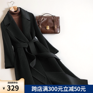 新款韩版双面羊绒大衣女中长款春季韩系毛呢外套黑色