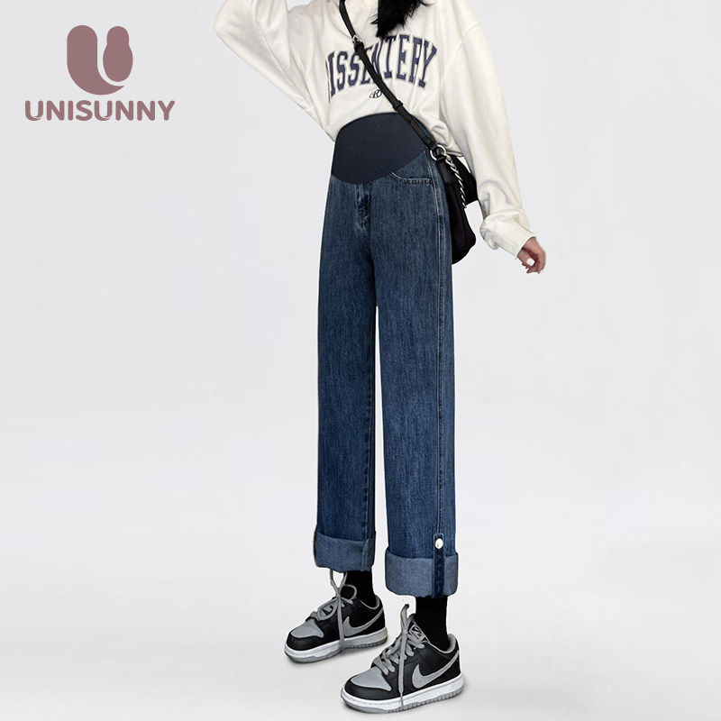 unisunny孕妇裤冬外穿卷边直筒牛仔裤加绒打底裤不勒肚子长裤秋冬