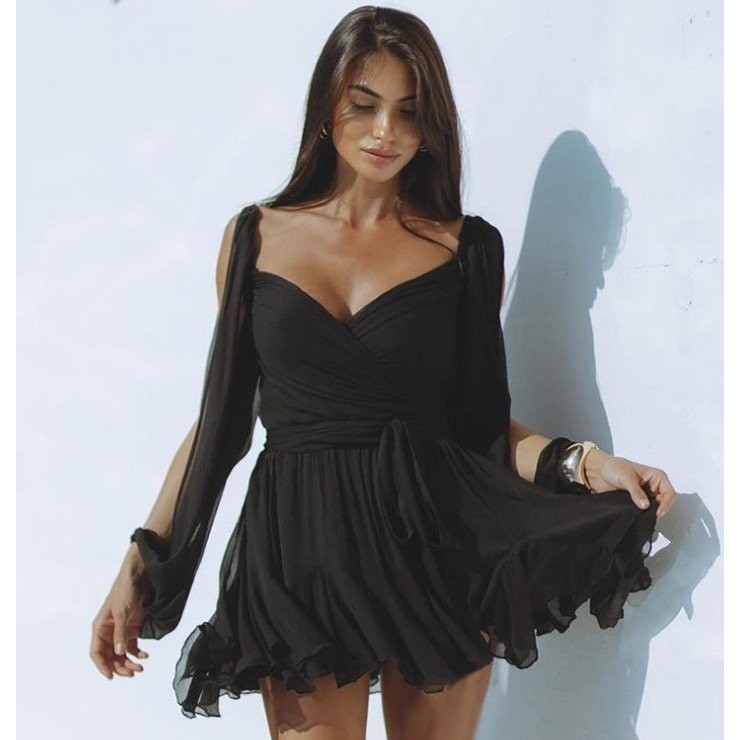 2024跨境欧美女装新款纯色气质休闲网纱长袖绑带露背修身短连衣裙,女装/女士精品,连衣裙,淘宝优惠券,粉丝福利购,淘宝优惠卷