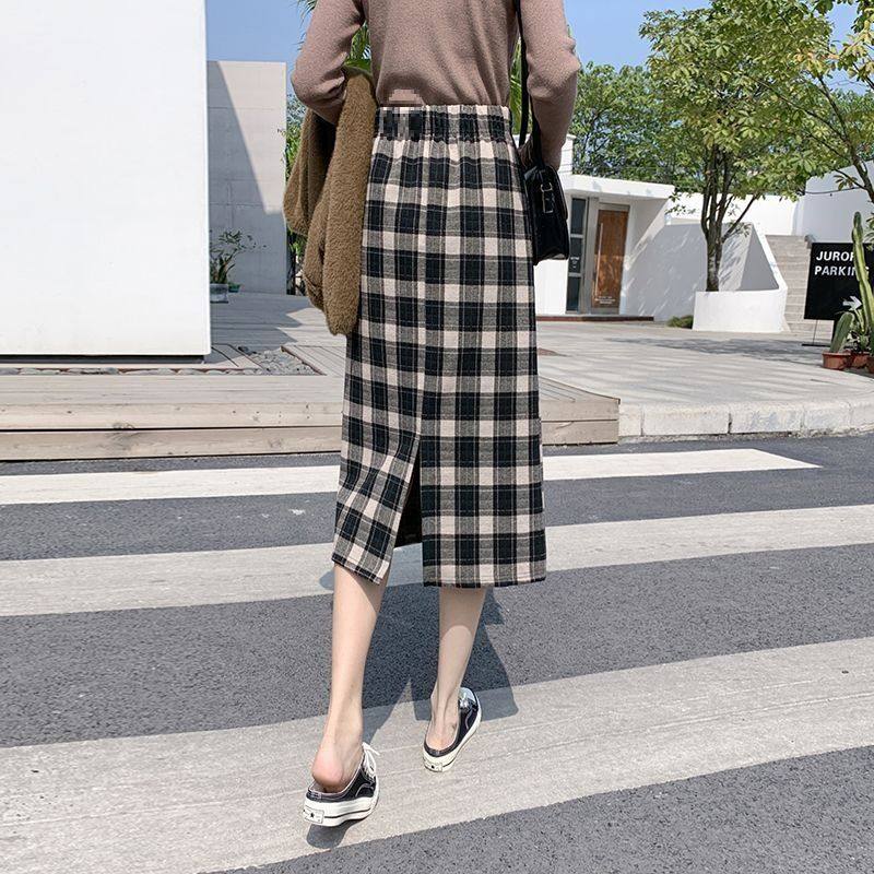 复古毛呢格子半身裙秋冬新款高腰中长款直筒开叉字裙包臀裙,女装/女士精品,大码半身裙,淘宝优惠券,粉丝福利购,淘宝优惠卷