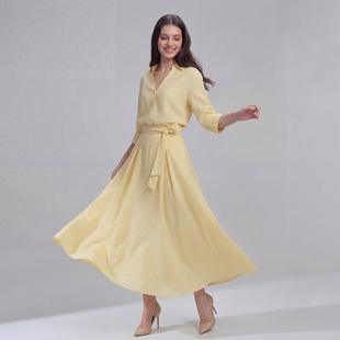 VER TOW 2026春亚麻清新假日风亚麻套装 长袖V领衬衫收腰长半身裙