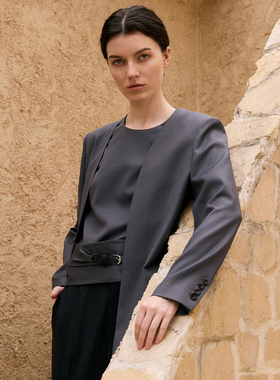 VER TOW腰封款套装 修身显瘦立体剪裁马甲女灰色无领羊毛西装外套